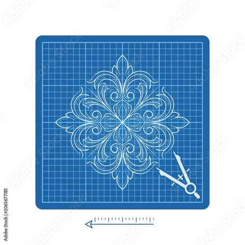 Architectural Blueprint of Ornate Floral Mandala Pattern with Drafting Compass Tool.