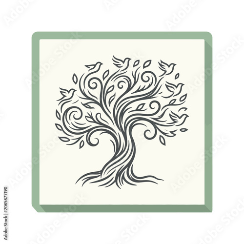 Artistic Tree of Life Illustration with Birds and Swirling Branches in Square Frame.