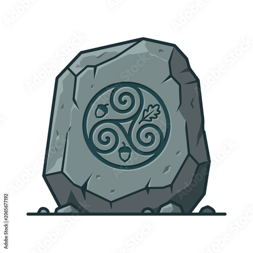 Ancient Celtic Triskelion Symbol Carved on a Grey Stone Monolith with Oak Leaf and Acorn Details.