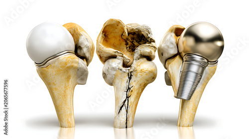 Osteoarthritis of the hip joint. Arthritic hip joint. Hip replacement for osteoarthritis, on a white background.