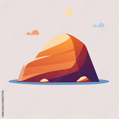 Stylized Rock Formation with Sun and Clouds