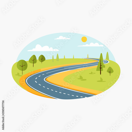 Winding Road Through Green Landscape with Sun and Clouds