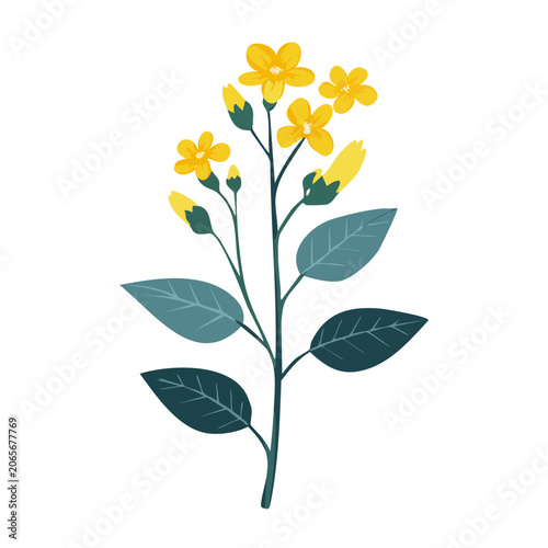 Yellow flowers with green leaves flat illustration