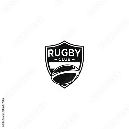 The Rugby Club logo is a modern emblem style with a sturdy shield and rugby ball illustration that symbolizes the team's strength, sportsmanship and fighting spirit.