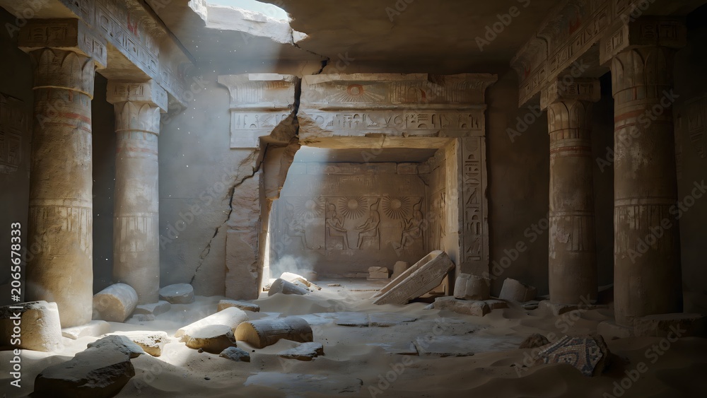 Naklejka premium Ancient Egyptian Temple Interior with Columns and Sunlight Beams