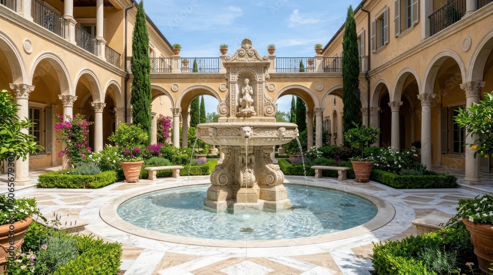 Obraz premium Elegant Italian Courtyard with Fountain and Lush Greenery.