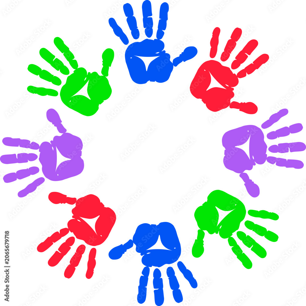 Fototapeta premium Creative paint hands prints. Happy childhood design. Artistic kids stamp, bright human fingers and palm. Vector illustration.Handprints icon vector illustration. Colorful and Black handprints set.
