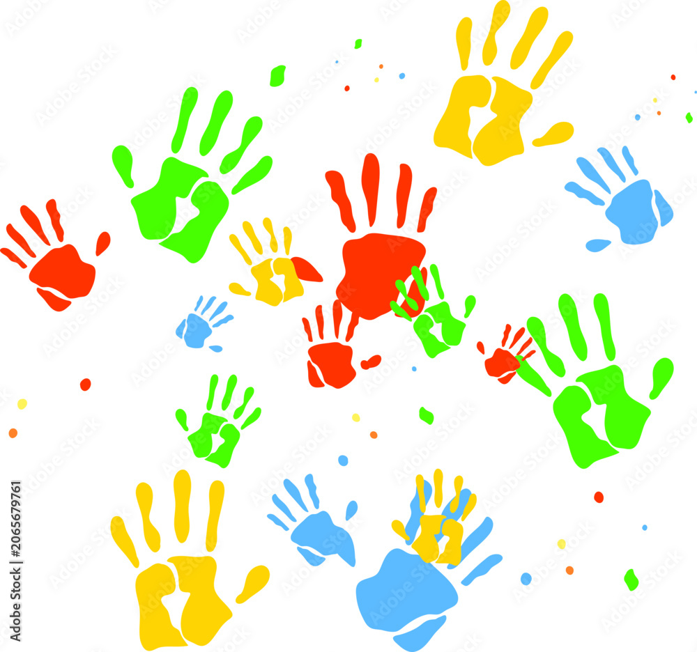 Fototapeta premium Creative paint hands prints. Happy childhood design. Artistic kids stamp, bright human fingers and palm. Vector illustration.Handprints icon vector illustration. Colorful and Black handprints set.