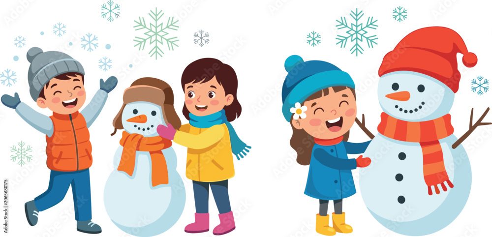 Fototapeta premium Cute Cartoon Kids Building Snowman in Winter with Snowflakes, Warm Clothes, and Happy Children for Christmas and Holiday Designs