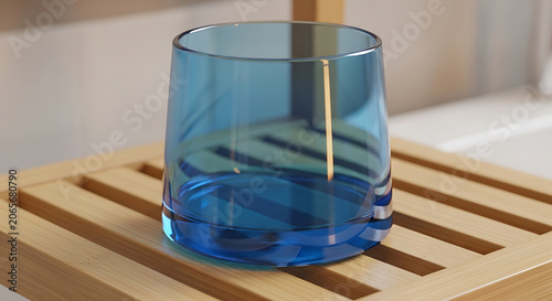 Blue glass tumbler mockup on wooden tray with blank spaces for text mockup, blank spaces for text
