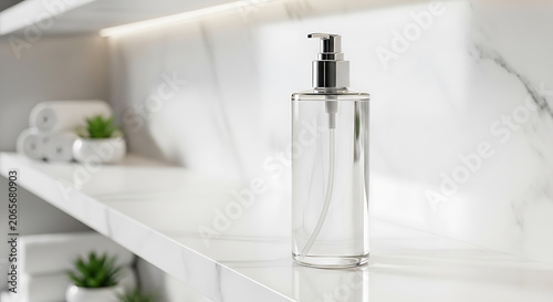 Clear pump bottle soap dispenser on marble shelf mockup, blank spaces for text