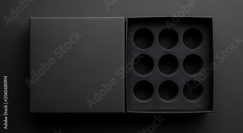 Black silicone baking mold with nine round cavities for baking treats mockup, blank spaces for text