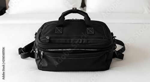 Black backpack mockup with white accents, blank spaces for text mockup, blank spaces for text