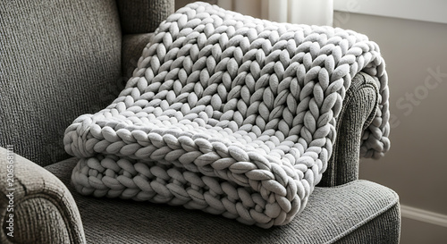 Cozy oversized knit throw blanket draped on a modern gray armchair mockup, blank spaces for text