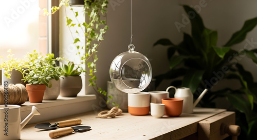 Cozy indoor gardening workspace with hanging glass orb decoration mockup, blank spaces for text