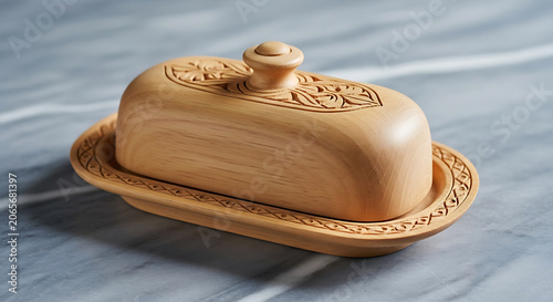 Handcrafted wooden bread or butter dish with lid, mockup, blank spaces for text