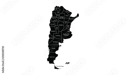 Black and white vector silhouette map of Argentina, showing all provincial borders and regional names for South American geography designs.