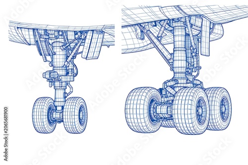 Wireframe of aircraft landing gear, 3d illustration