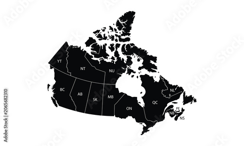 Highly detailed black and white vector map of Canada, showing all provinces and territories with official two letter abbreviations, isolated.
