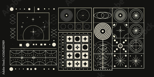 Geometric pattern with circles diamonds and starbursts on black background