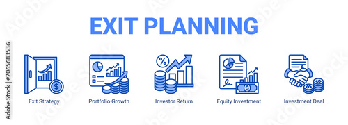 Foto Exit Planning web banner icon concept, with Exit Strategy, Portfolio Growth, Investor Return, Equity Investment
