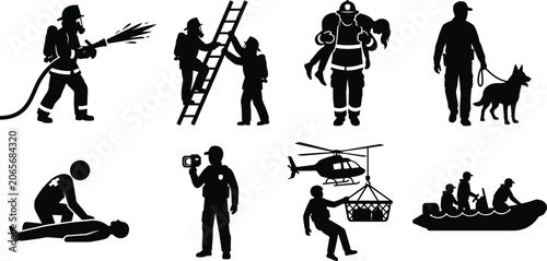 Fotografía Emergency rescue services firefighters and disaster response teams black silhoue