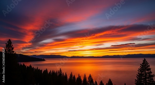 Vibrant Sunset Over Tranquil Forest Lake Horizon.