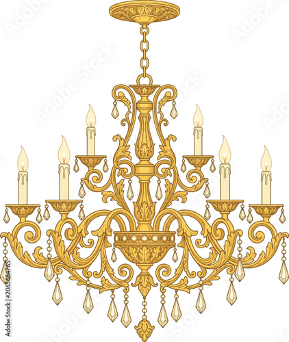 Golden chandelier with candle holders detailed vector illustration on white background