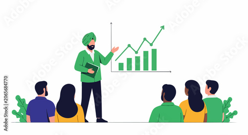 Sikh Businessman Presenting Growth Chart to Diverse Audience. Professional mentor explaining financial data and success strategy in flat vector style.