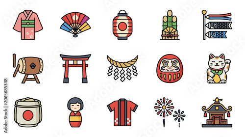 Traditional Japanese Cultural Symbols Icons.