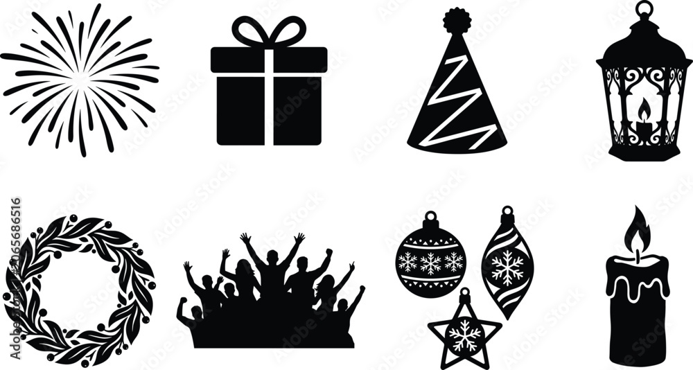 Fototapeta premium Holiday Celebration Silhouette Icon Set with Christmas Decorations and Festive Party Elements
