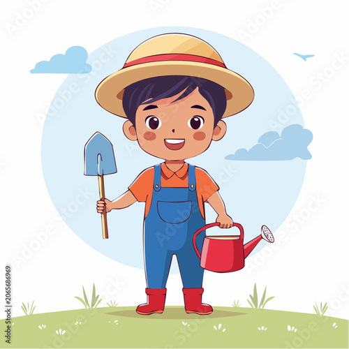 Cute Cartoon Boy Farmer with Shovel and Watering Can