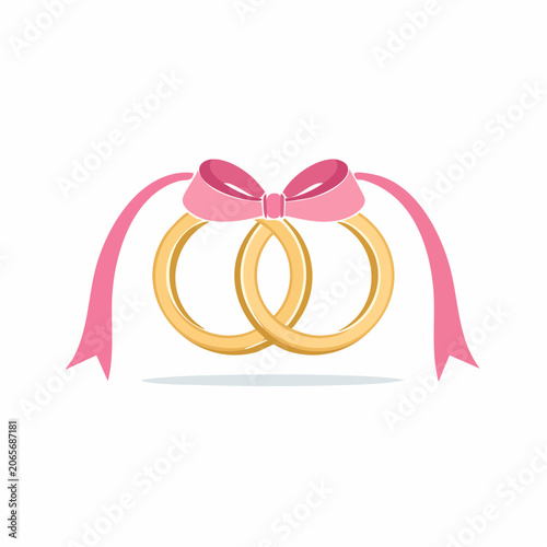 Two Gold Wedding Rings Tied with a Pink Ribbon and Bow