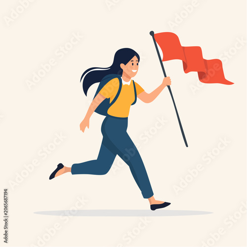 Woman Running with Red Flag and Backpack