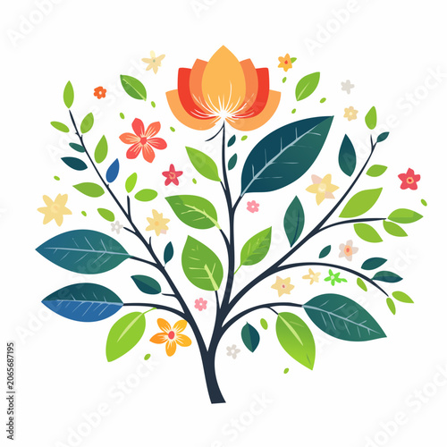 Stylized Tree with Blooming Flowers and Leaves
