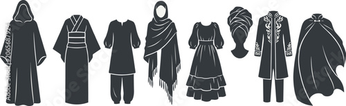 Foto Traditional Cultural Clothing Silhouette Icon Set with Robes Dresses and Ethnic