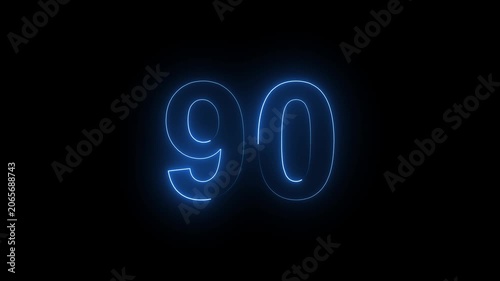 Neon Number 90 Animation with Glowing Electric Light Effect on Dark Background.