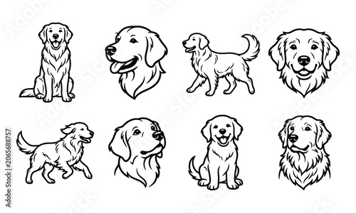 Golden Retriever Line art pack unique designs collection vector illustration
