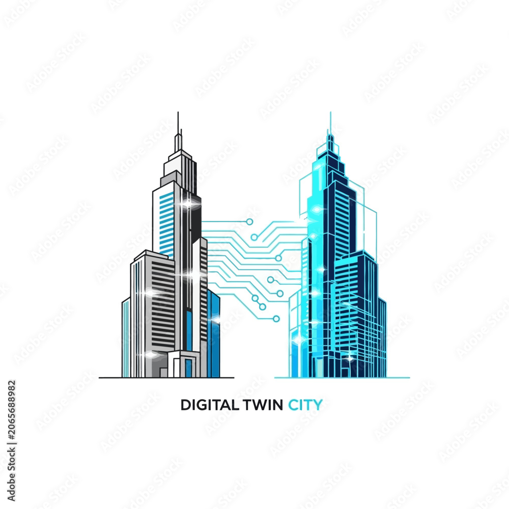 Fototapeta premium Digital twin city concept with mirrored skyscraper models
