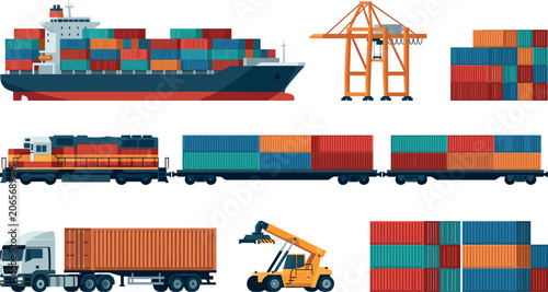 Obraz na plátně Logistics and global cargo transport vector set with container ship gantry crane