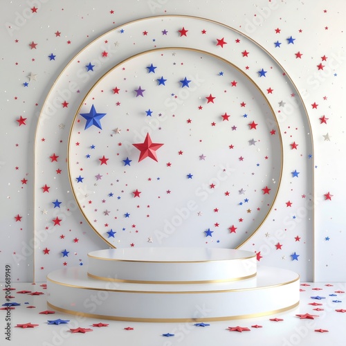 White tiered podium with red and blue stars for presentation