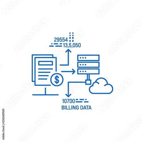 Digital billing data icon with cloud server and dollar sign.