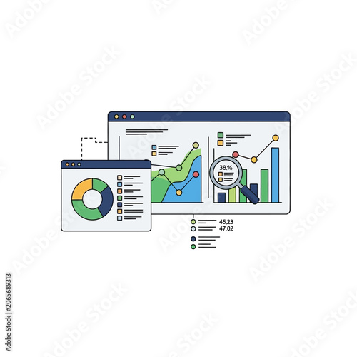 Digital data analytics dashboard with charts and line graphs.
