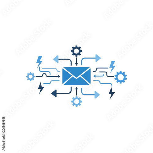 Digital email marketing automation icon with gears and arrows.