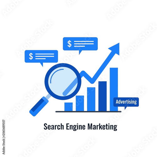 Digital marketing icon with magnifying glass and growth chart.