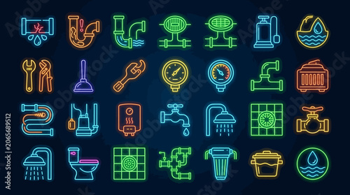 Plumbing tools and equipment icons set.