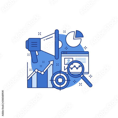 Digital marketing strategy with various business analytical tool icons.
