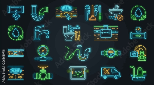 Neon icons of plumbing tools.