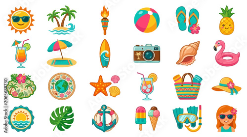 Colorful summer vacation icons and symbols.