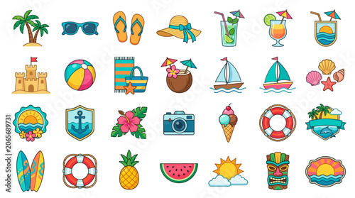 Colorful beach vacation icons set.